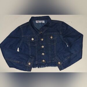 Cropped Blue Denim Jacket Rough Hem Rhinestone Buttons Size 10 Nanette Kids